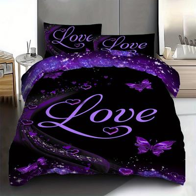 Purple Butterfly Love Three-piece Couple Quilt Cover Digital Printing Bed Decoration