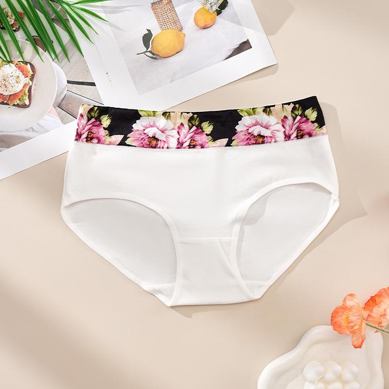 Women s High-Rise Pure Cotton Floral Printed European American Style Comfortable Breathable Panties S белый