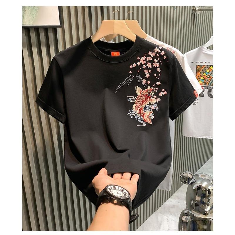 Men's Koi Fish Cherry Blossom Embroidery Back Print Short Sleeve T-Shirt Casual Streetwear Top