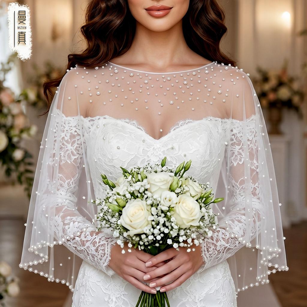 Scattered Mixed Pearl Sheer Tulle Bridal Cape Short Shoulder Wrap Round Neck Cover Up For Backless Mermaid Wedding Gown Elopement Photoshoot