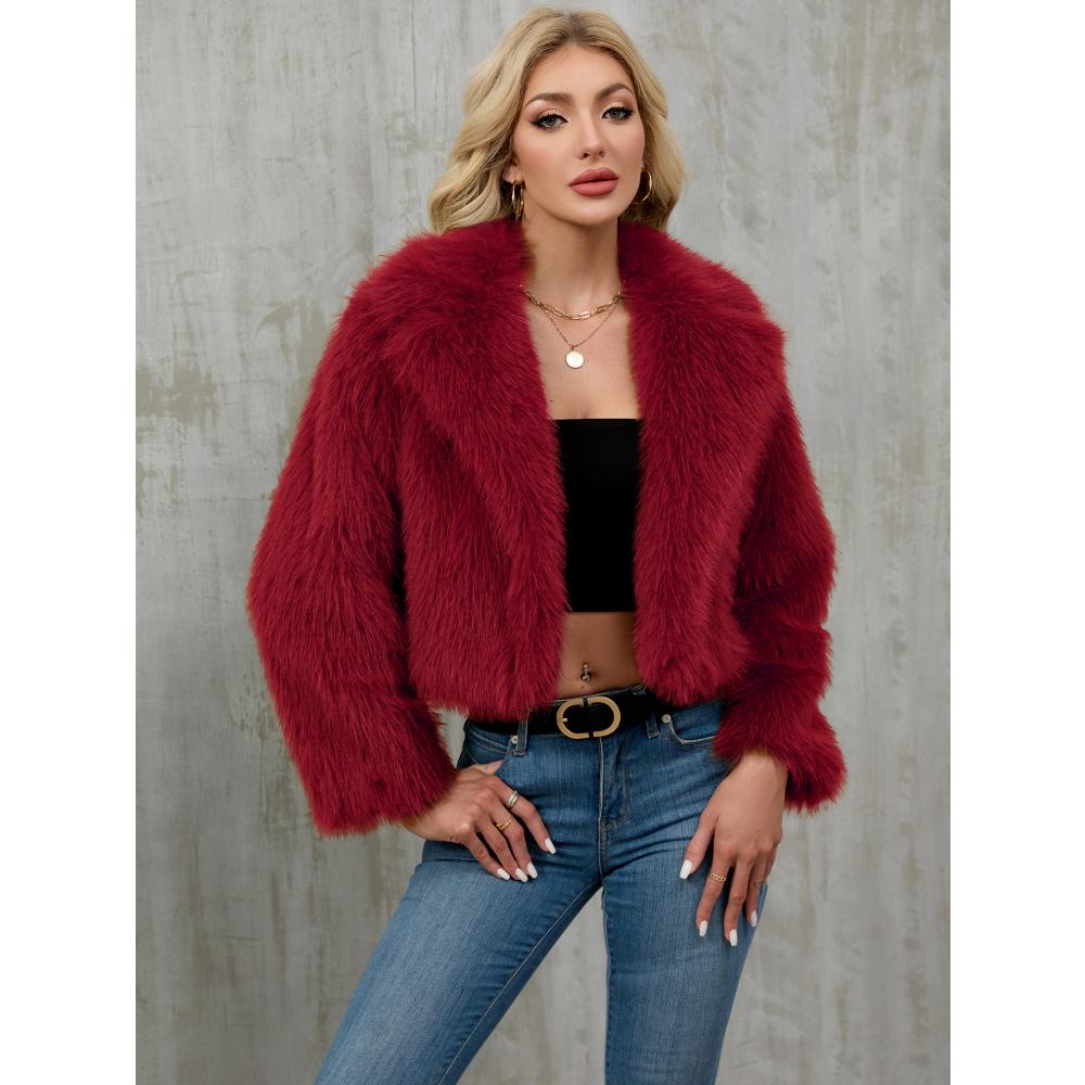 Giacca Corta da Donna Invernale in Ecopelliccia, Cappotto Corto con Scollo a Tacca e Texture Peluche, Capo d'Abbigliamento Casual Chic per Autunno Inverno