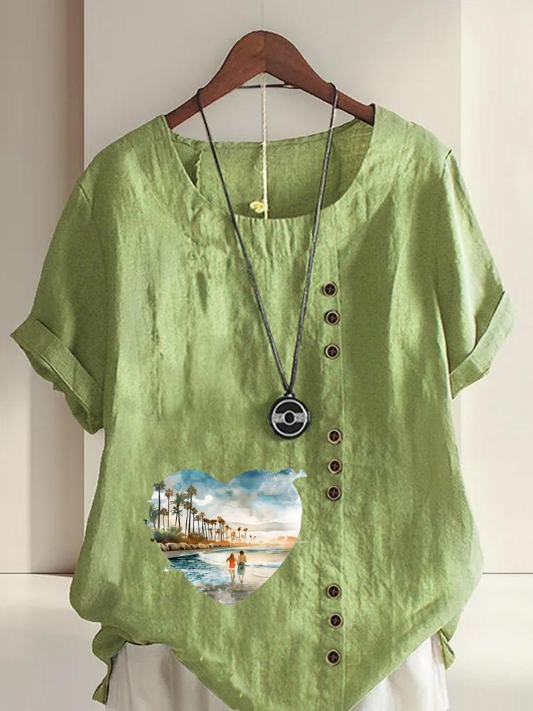 

Women s Fashion Heart-shaped Scenery Print Shot Sleeve T-shirt Loose Cotton Shirt Casual Loose Summer Blouse Tops Plus Size 5XL зелений