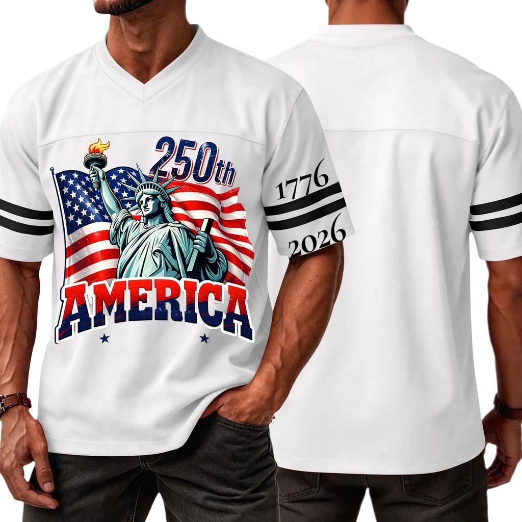 Men's Casual V Neck Jersey 250th America Independence Day Printed Short Sleeve Sports T Shirt Top with Lettering