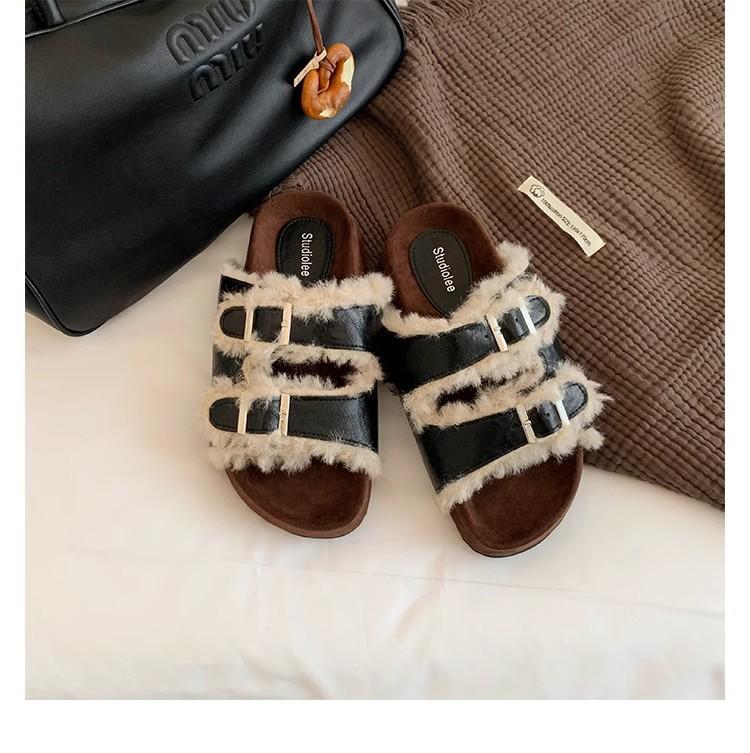 Grape Mother of the Same Style, Double Buckle with Thick-bottomed Lazy Open-toed Fluffy Birken Leather Slippers for Women's Autumn and Winter Wear