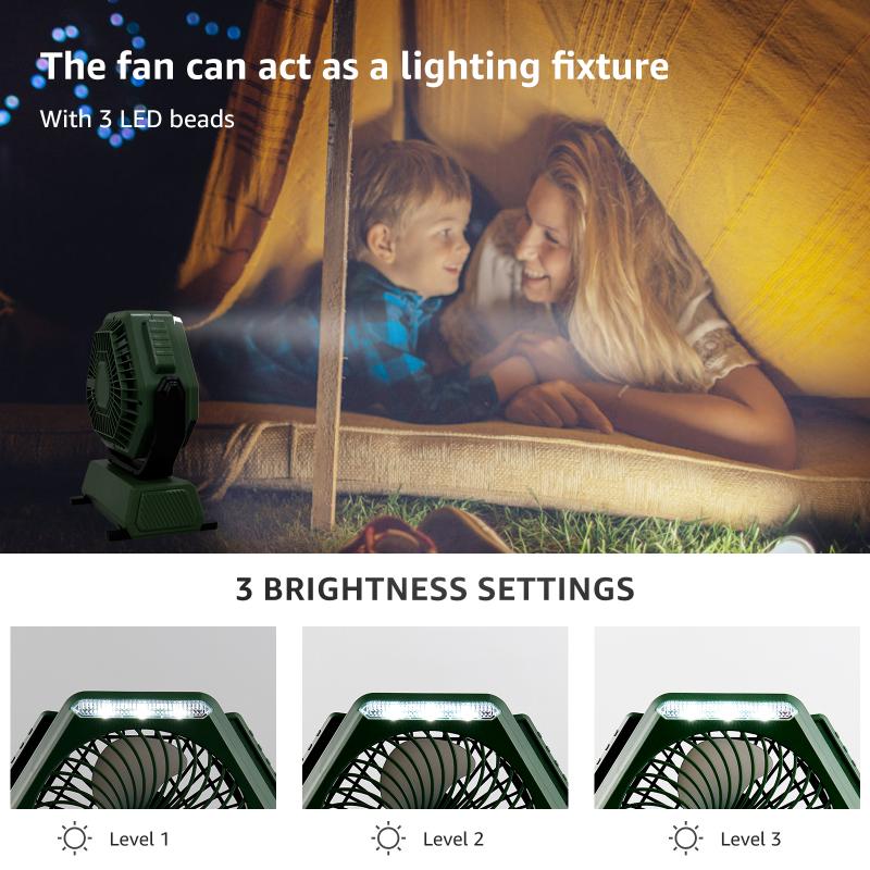 270° Kopfrotation Campingventilator mit LED-Licht und Haken 6000mAh USB-Akku-Betriebener Ventilator für Outdoor-Reisen Camping Angeln Neu