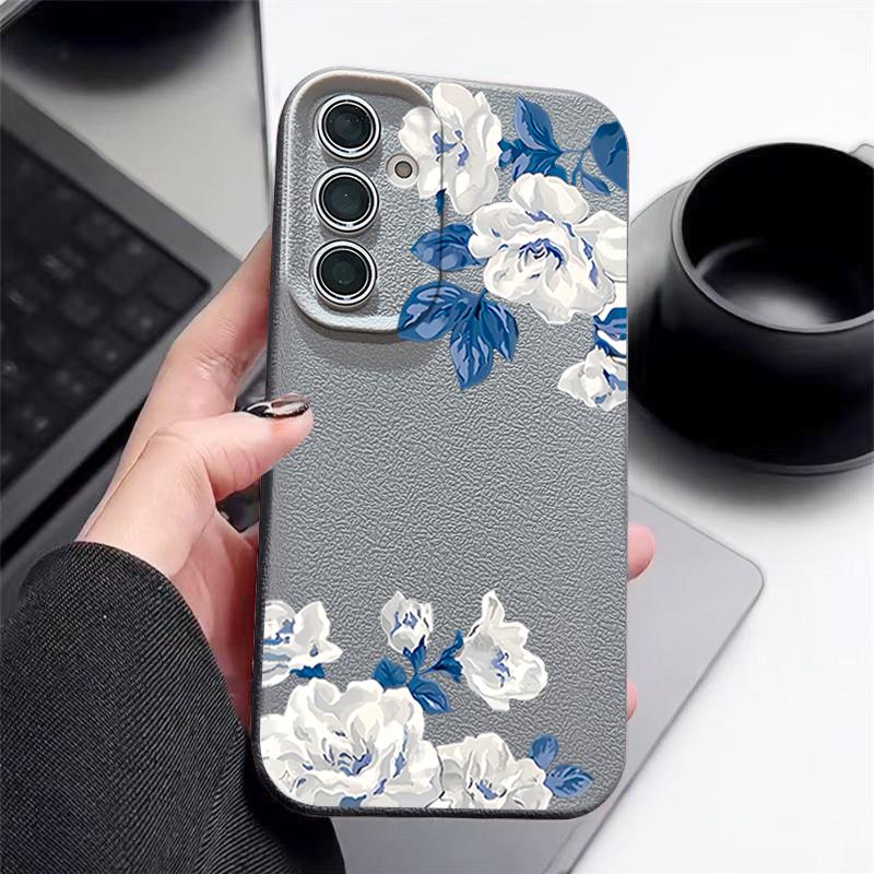 Funda Floral de Gardenia Blanca Para Samsung S26 S25 S24 Ultra S23 S22 S21 FE A15 A16 A17 A26 A35 A36 A37 A54 A55 A56 A57 5G Cubierta de Silicona con Textura de Cuero