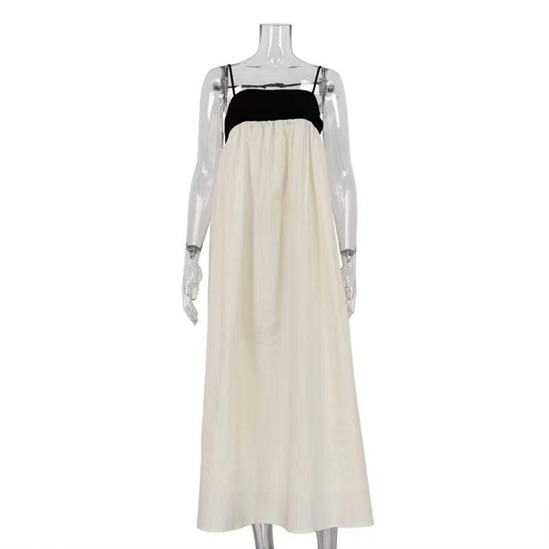 

French style Sexy Backless Black and White Contrast Color Sling Dress Sexy Backless Suspender Dress Beige S