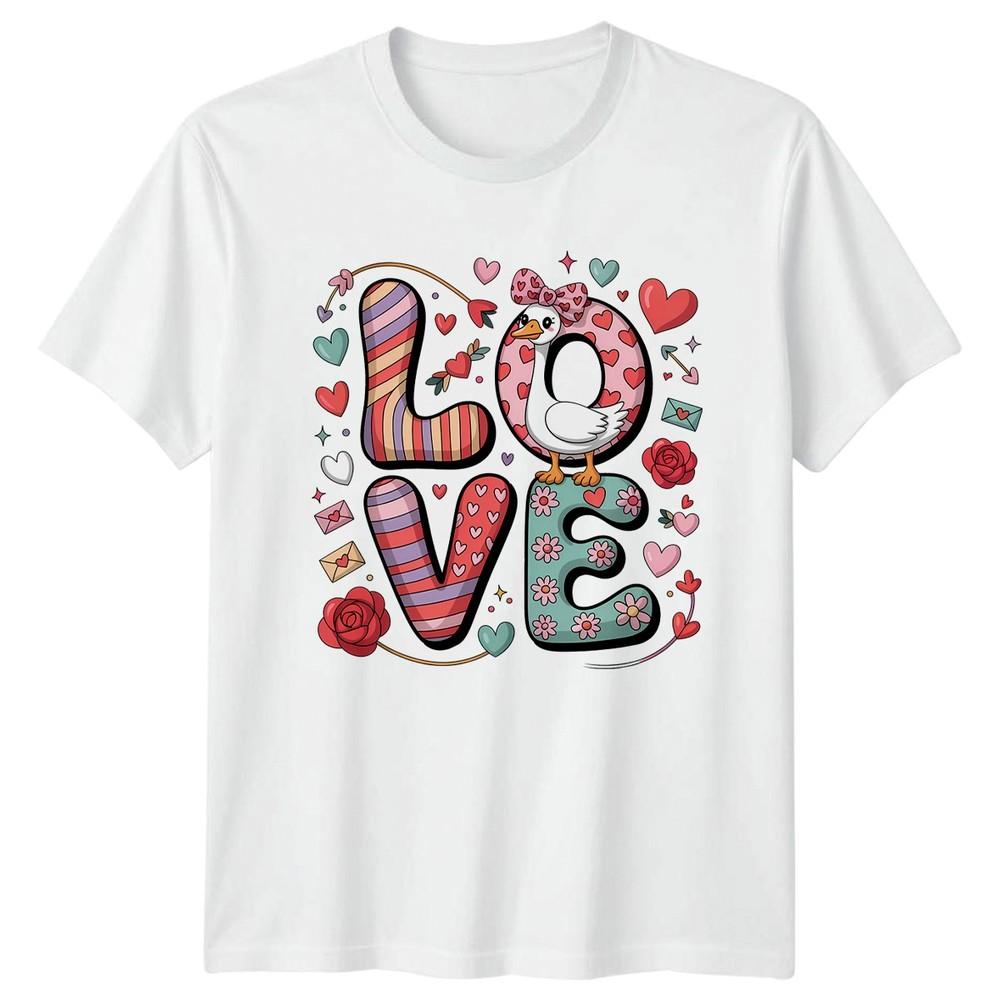 Cute Cartoon Goose In Love Heart Unisexs TShirt Kawaii Doodle Valentines S