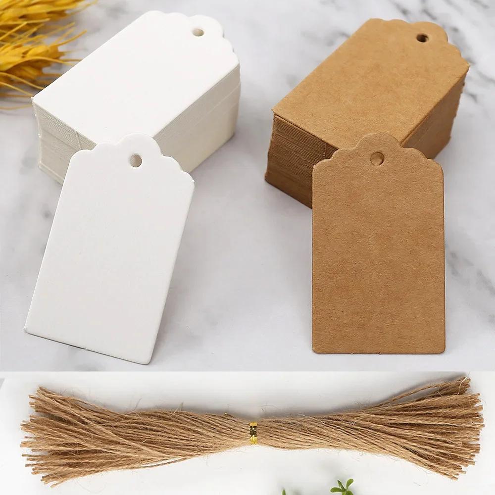50PCS Kraft Paper Gift Tags with Strings White Cardboard for Wedding Birthday Christmas Party Cookie Packaging Supplies