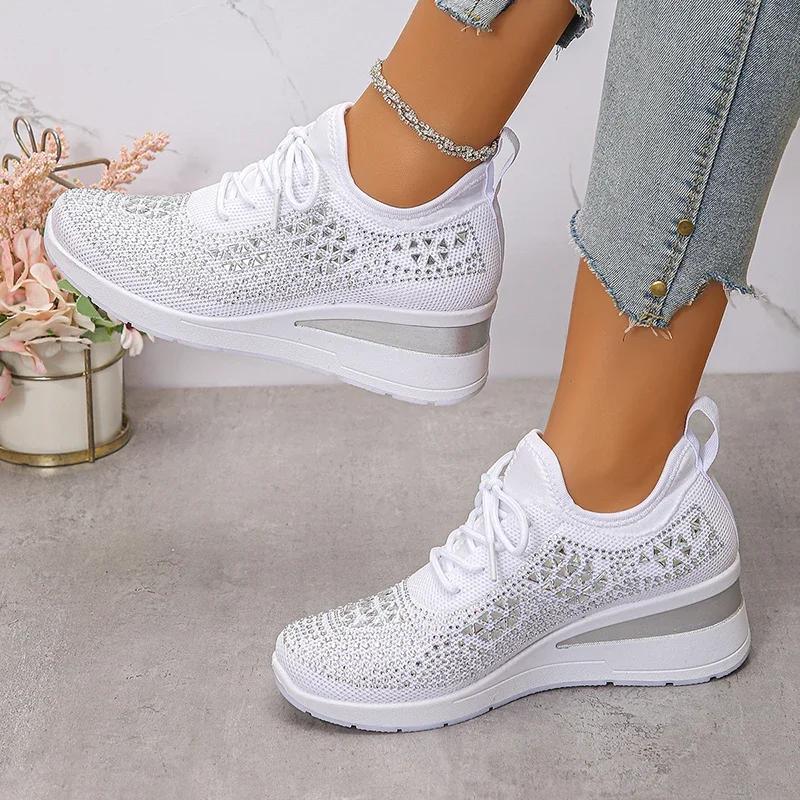 Fashion Women's Hot Pink Crystal Knitted Sneakers Autumn 2025 Shiny Rhinestone Wedge Heels Vulcanize Shoes Woman Platform Casual Shoes