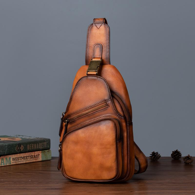 Top Layer Tree High Vegetable Tanned Cowhide Handbag, Vintage Men's Chest Bag
