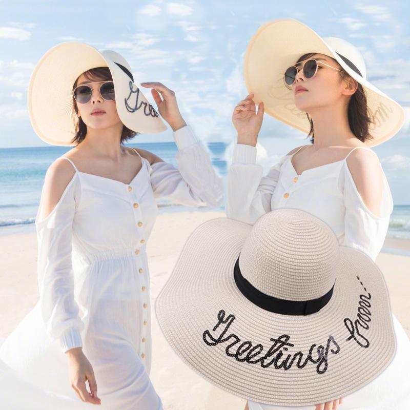My Extreme Outdoor Activities Women's White Beach Hat Summer Big Brim Letters Love Heart Visor Visor Folding Embroidered Cover Travel Straw Bucket Hat 55-60Cm