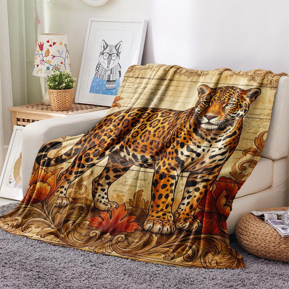 1PC Retro Floral Animal Print Flannel Blanket, High quality All Seasons, Home Decor, Warmth and Comfort, Perfect for Christmas Gifts