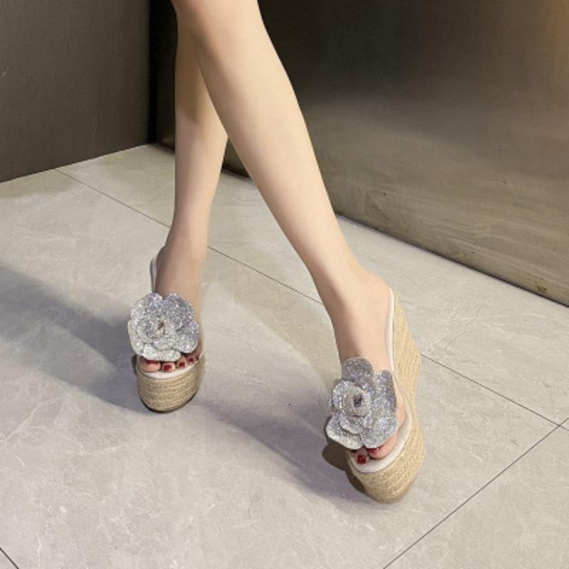 Cool slippers summer new one-word with transparent open-toed waterproof table slope heel outside wear muffin thick-soled slippers
