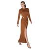2025 Summer Elegant European & American Women's Round Neck Slit Pleated Long Sleeve Waist-cinching Dress