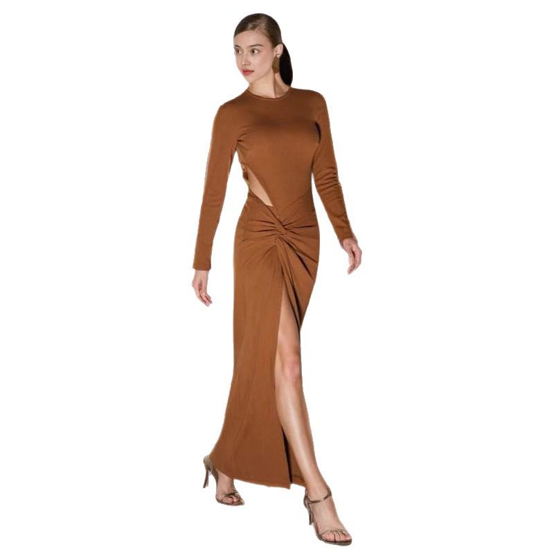 2025 Summer Elegant European & American Women's Round Neck Slit Pleated Long Sleeve Waist-cinching Dress
