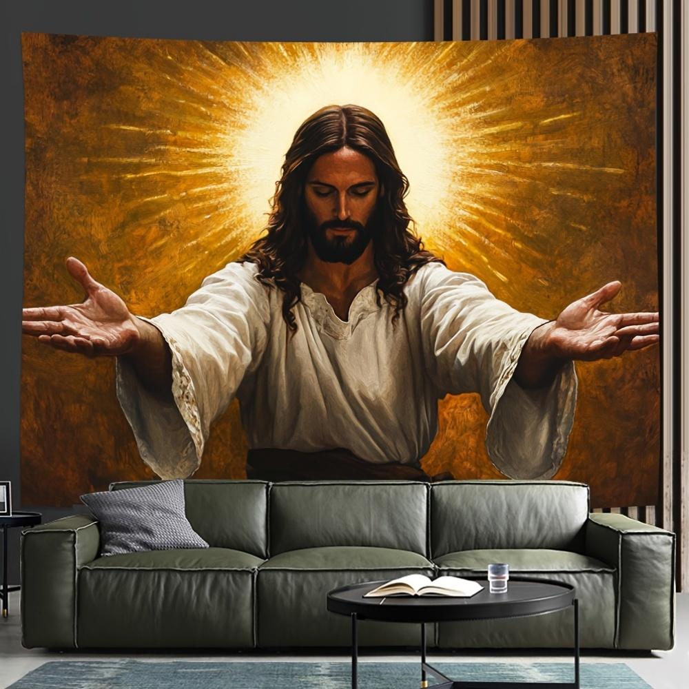 Golden Glow Jesus Blessing Tapestry Single Sided 2D Print Serene Durable Wall Art Home Faith Inspired Vibe Decor Christian Gift