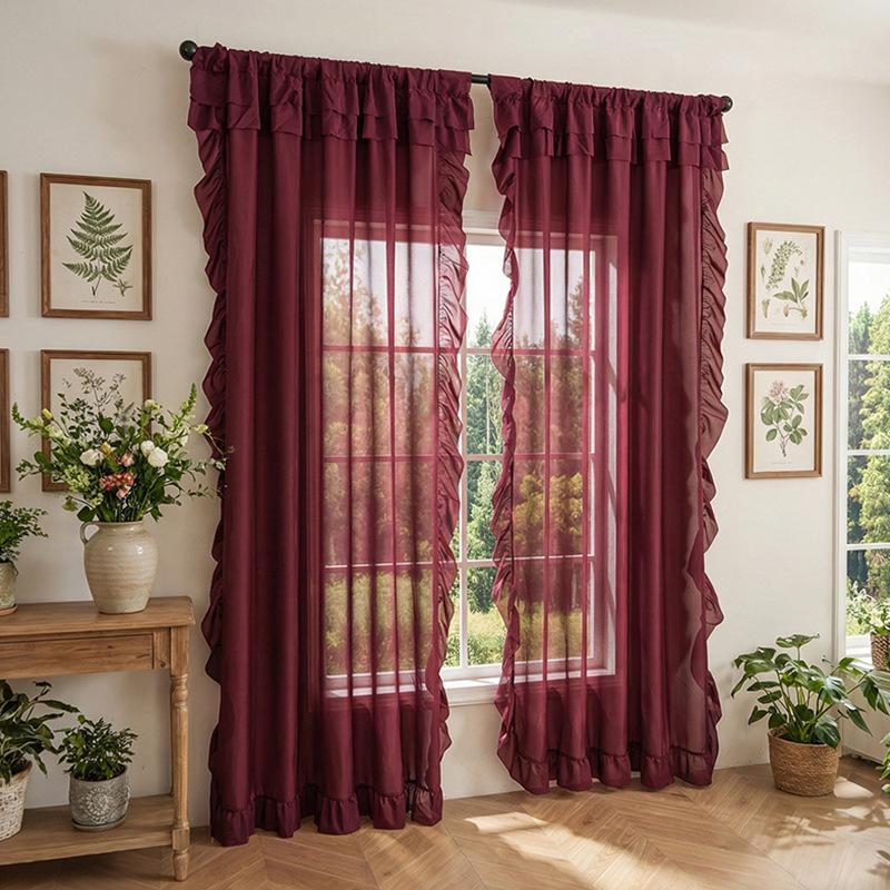 Finished Simple Wind Solid Color Curtain Curtain Dream Ruffle Leaf Edge Translucent Thin Window Screen