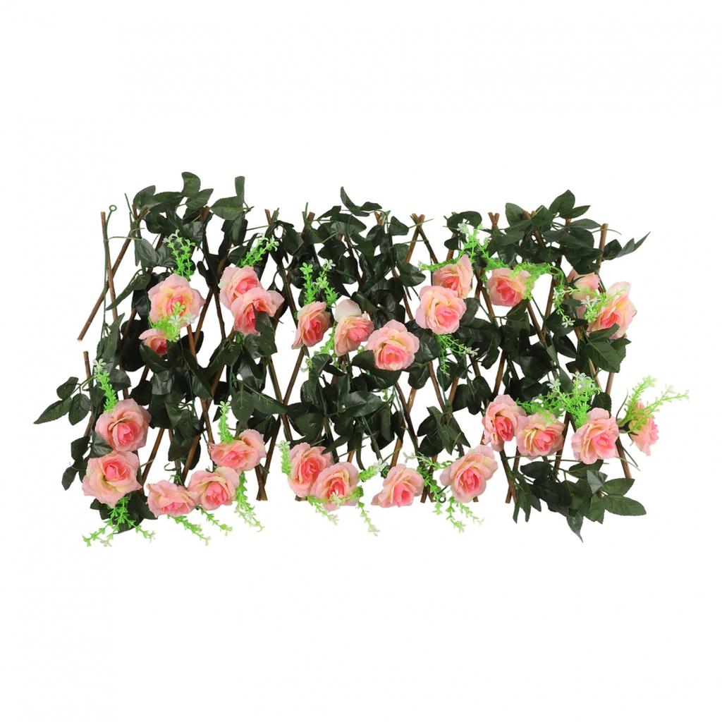 Trellis Style Wooden Fence with Artificial Flowers for Enhancing Gardens