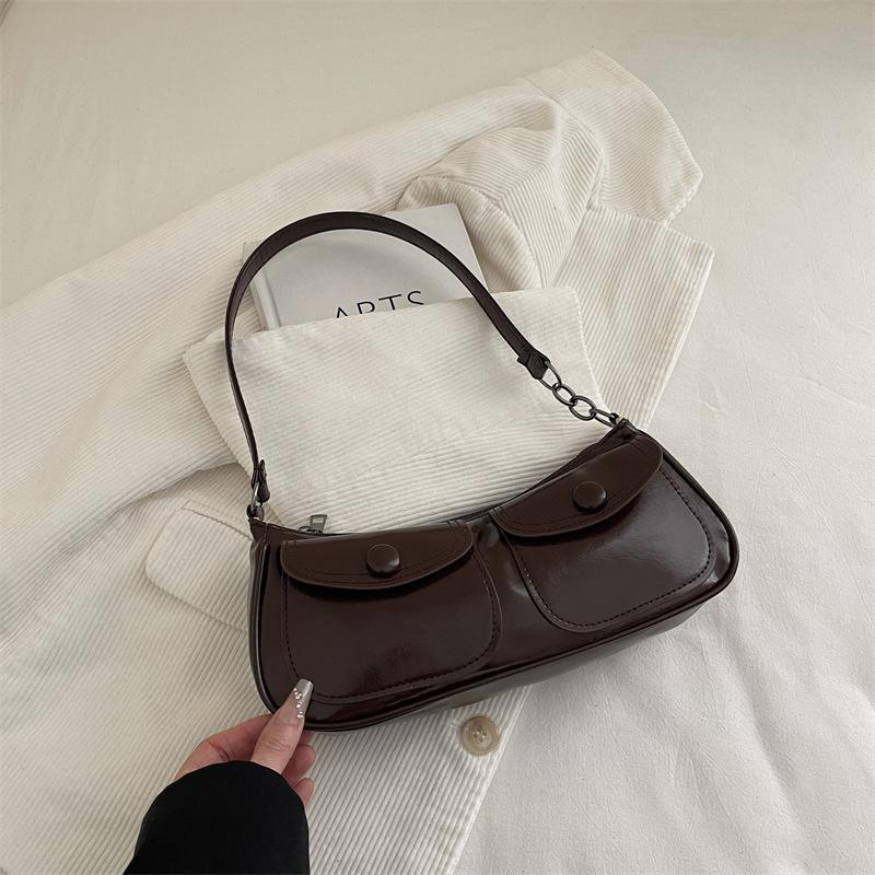 Vintage Double Pocket Design Shoulder Bags for Women Solid Color Ladies Pu Leather Underarm Bag Simple Portable Female Handbags