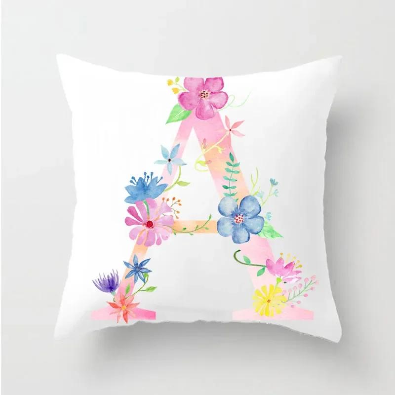 Flower 26 Letters Alphabet Decorative Cushion Cover Polyester Pillowcase Throw Pillow Cover Home Decor Fundas De Cojin 45X45Cm