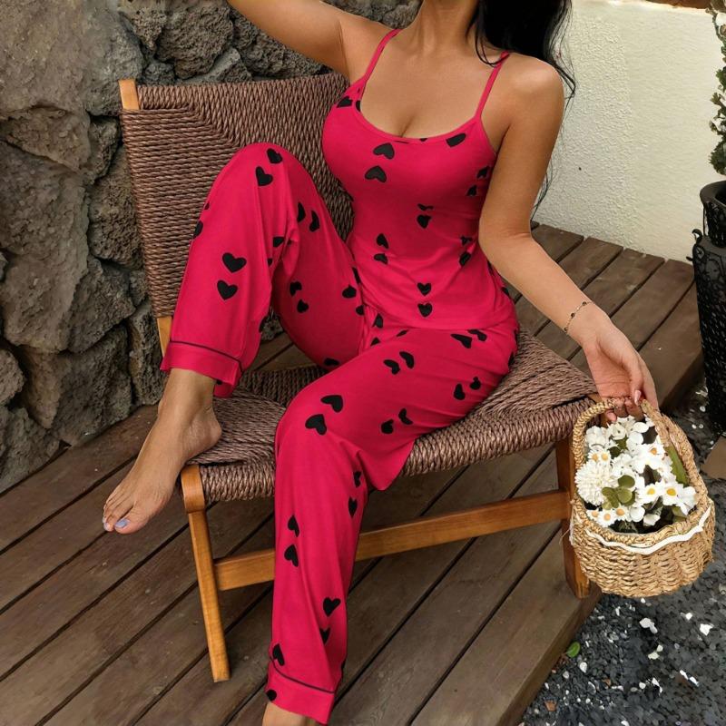 Women Sexy Love Heart Backless Camisole Top And Long Pants Pajama Loungewear Set