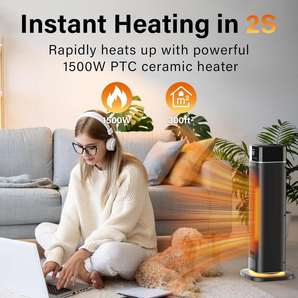 24' Portable Space Heater, Fast Heating with Remote, 4 Modes, Oscillation, Overheat & Tip-Over Protection