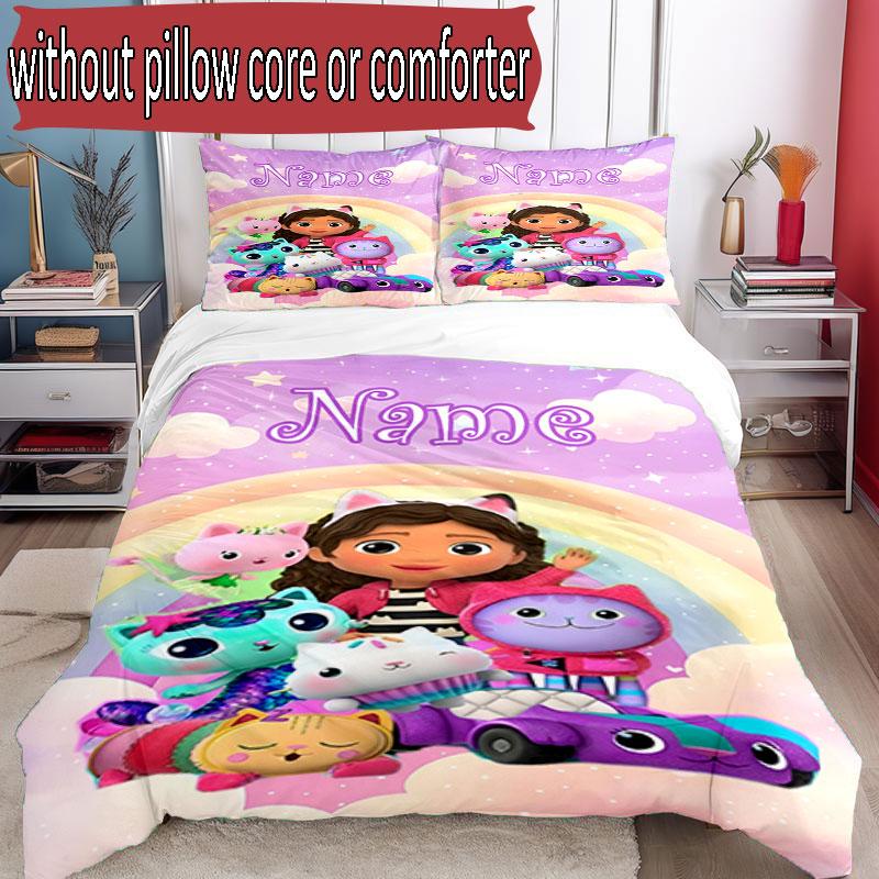 3pcs Duvet Cover Set (1*Duvet Cover + 2*Pillowcase, Without Core), Custom Name Gabby's Dollhouse Pattern Bedding Set, Home Bedroom Decor Gift