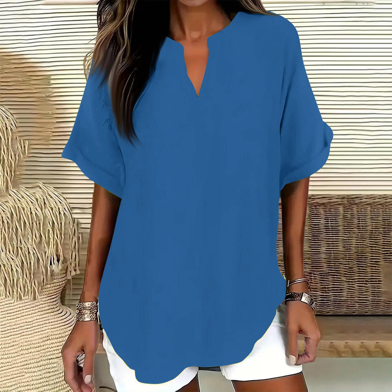 

Womens Tops V Neck Blouses for Women Dressy Casual Loose Fit Womens Summer Tops Short Sleeve Shirts for Women Clothing XL синий