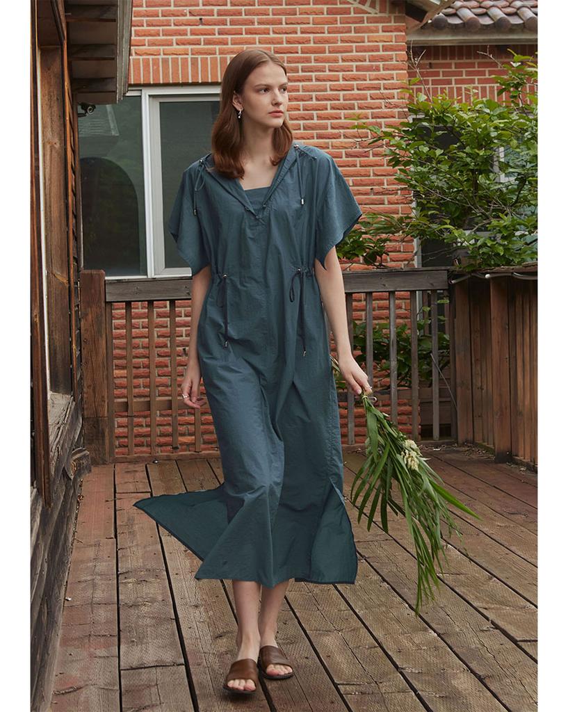 Myue Drawstring Hooded Dress Teal Blue