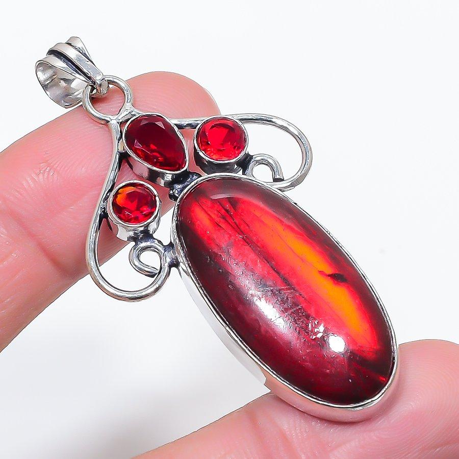 Natural Red Labradorite, Garnet 925 Sterling Silver Jewelry Pendant 2.52" b8G88