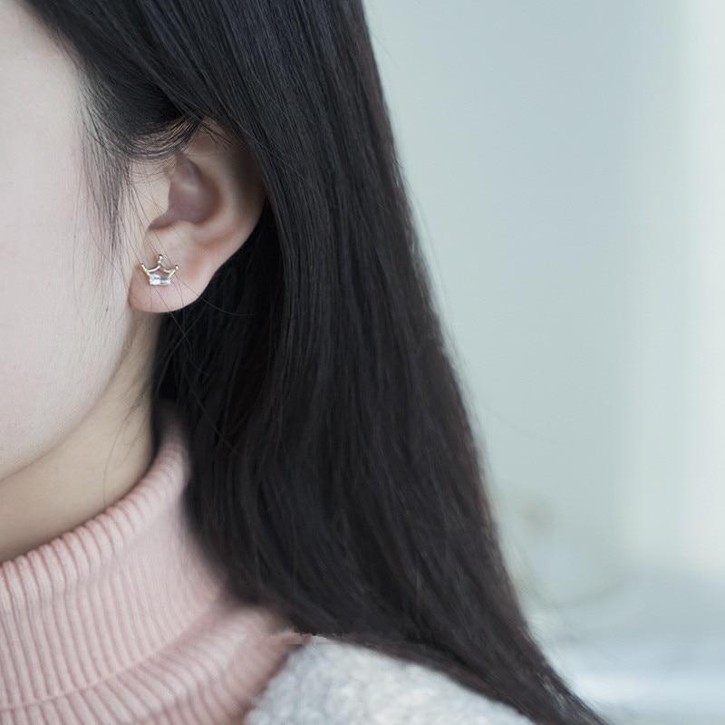 925 Sterling Silver Simple Inlaid Crystal Crown Stud Earrings Women Exquisite Small 14k Gold Plating Jewelry