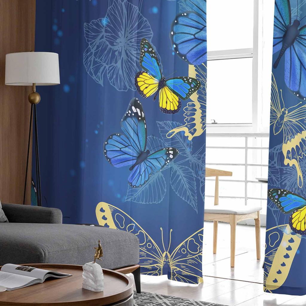 Butterfly Flower Blue Window Tulle Curtains for Living Room Bedroom Hotel Luxury Decoration Sheer Curtains