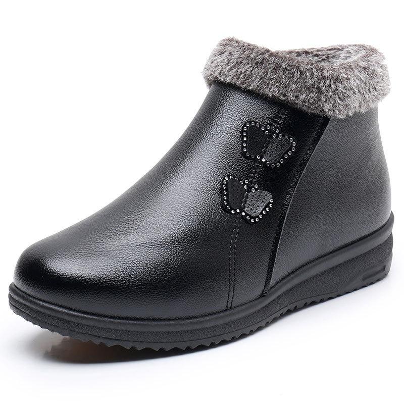Elderly Cotton Shoes Velvet Warm Middle and Old Women's Shoes Short Boots Waterproof and Non-slip Flat Winter Shoes Leather Shoes