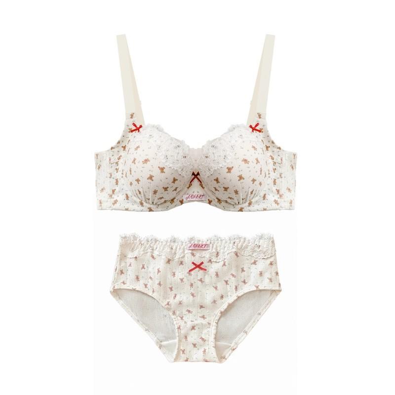 Printed bear French floral lace underwear women's small breasts gather to show large and thin bras new models