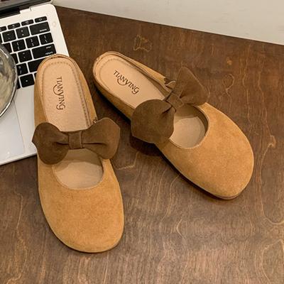 Fashion Spring New Baotou Slippers Women's Round Head Shallow Mouth Suede Butterfly Knot Soft Sole Anti-slip Wear-resistant Flat Shoes