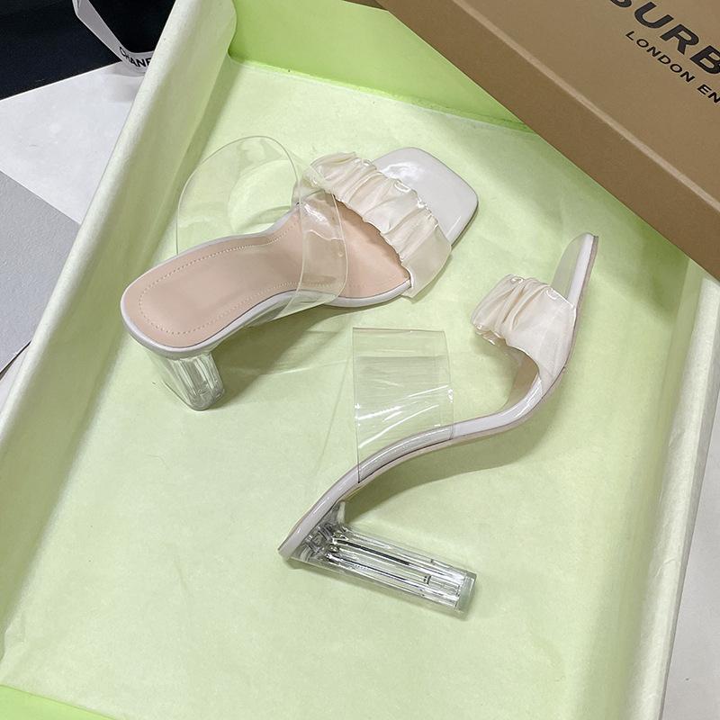 

2025 нова корейська версія прозорих шльопанців на товстому підборі у стилі феї з квадратним носком та зморшками, літні шльопанці на високому підборі жіночі 42