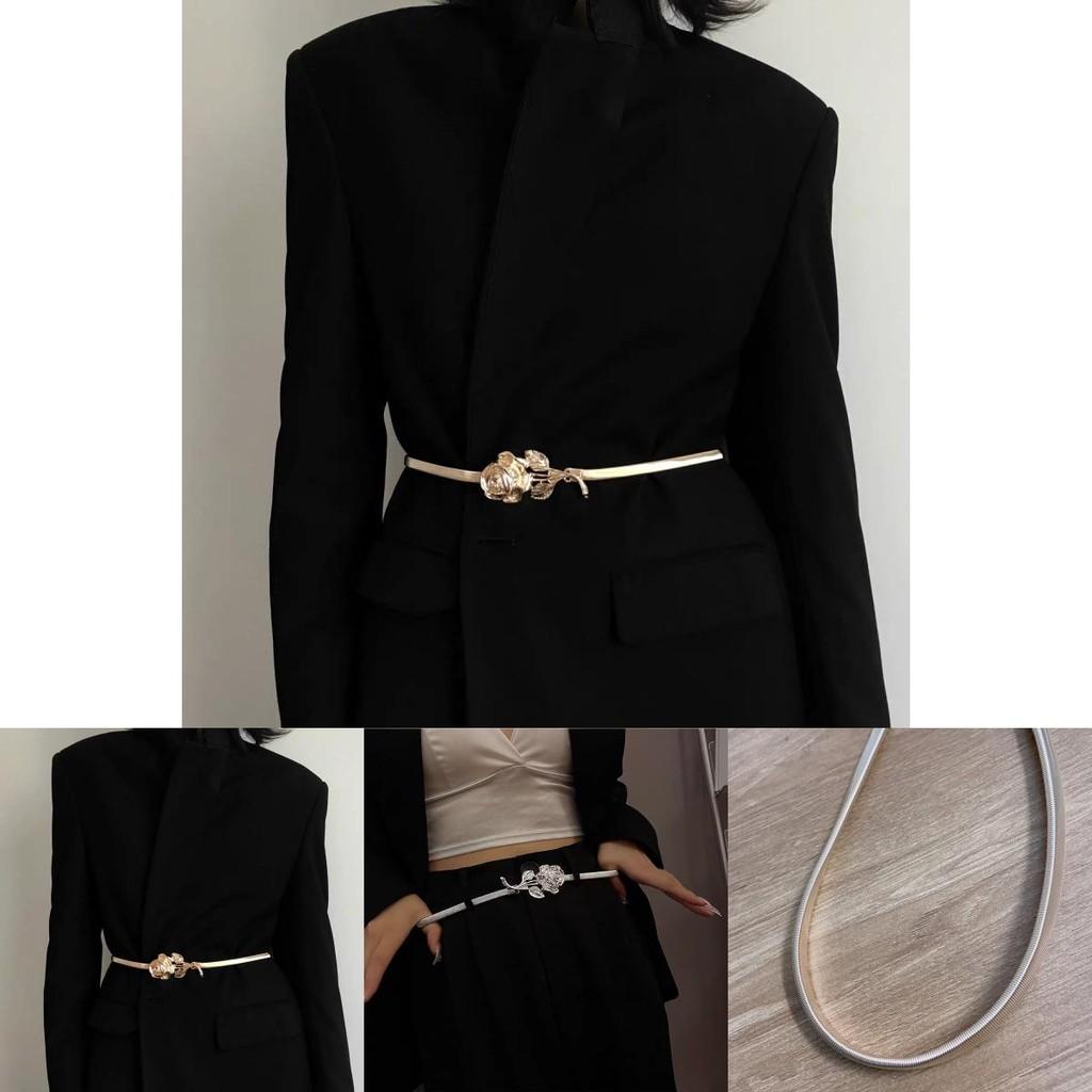 Elegant Metallic Rose Flower Elastic Waist Belt For Sweaters And Dresses