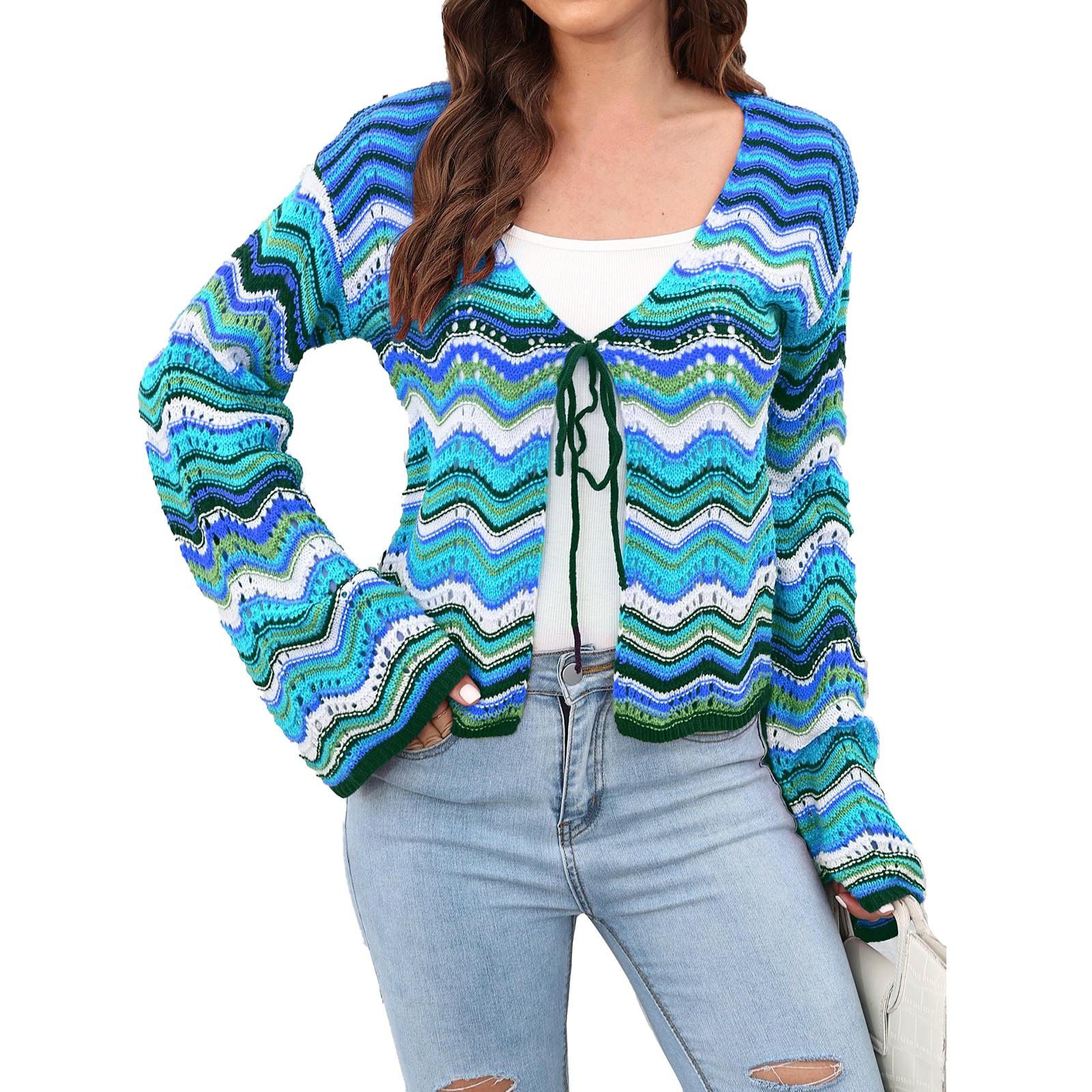 

Женский повседневный модный удобный вязаный кардиган с радужным волнистым узором, цветной полосатый свитер S синий