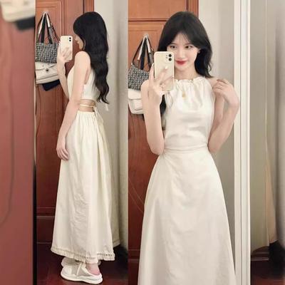 Elegant French Niche Backless Halter Strap Hollow Sleeveless Tie Long Dress