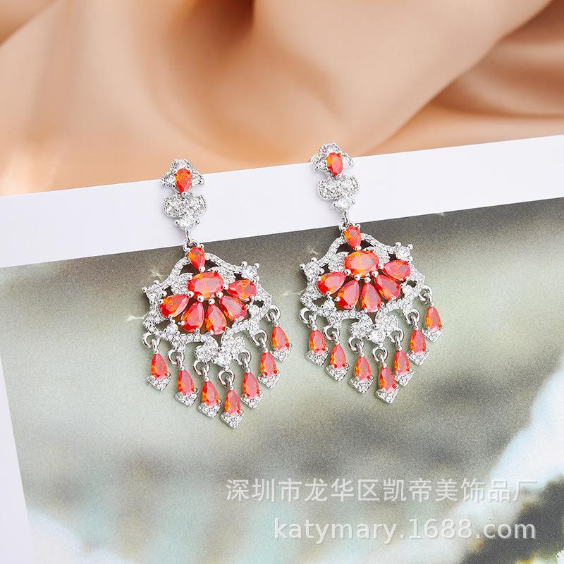 Guofeng Schwerindustrie Hochzeit Nadelohrringe Leicht Eingelegter Zirkon Holzkohle Wassertropfen Ohrringe Temperament Ohrringe