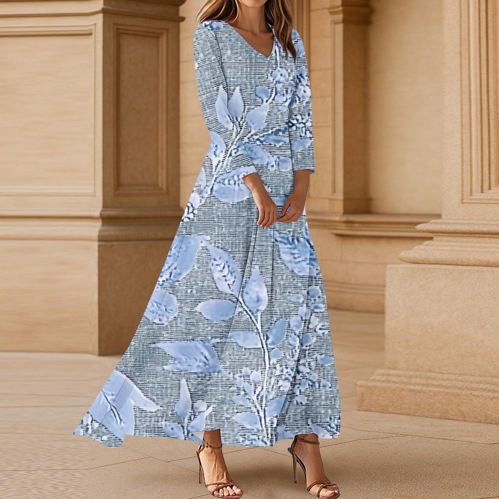 Women's Casual 3/4 Sleeve V-Neck Floral Print Maxi A-Line Beach Dress