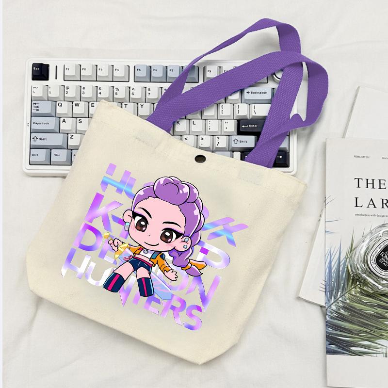 KPop Demon Hunters GIRLS Canvas Shopping Bags Women Cotton Tote Bags Reusable Cartoon Letter Shoulder Bag Grocery Handbag Beige