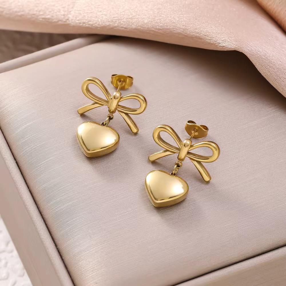 18K Gold Elegant Heart Bow Earrings - Women s Stainless Steel Titanium French Style