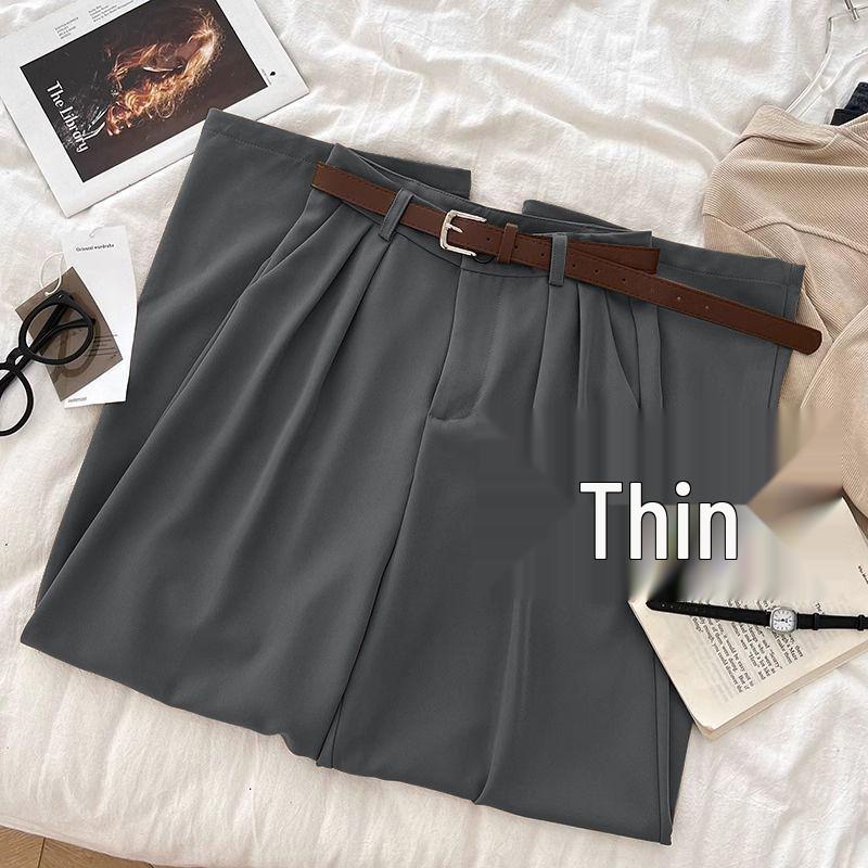 

High-Waisted Korean Style Drapey Wide-Leg Women s Trousers - Elegant, Loose, Straight-Leg Suit Pants for Spring, Summer, and Autumn. Gray Long with Belt, 105cm
