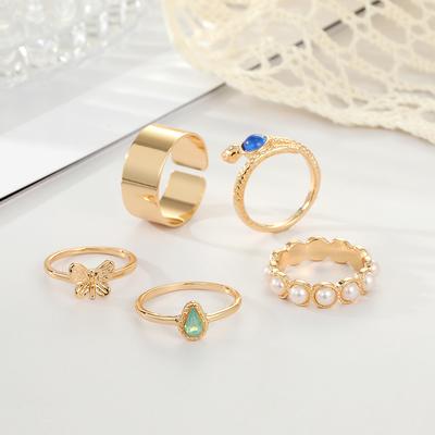 Juego de 5 anillos de lujo hechos a mano con diseño de serpiente, zafiro y perla, con apertura en forma de mariposa
