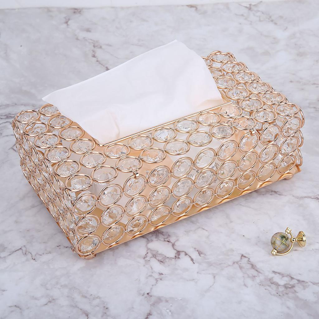 Rectangular Artificial Crystal Tissue Box Cover Tissue Paper Storage Holder Home Decor (Gold)