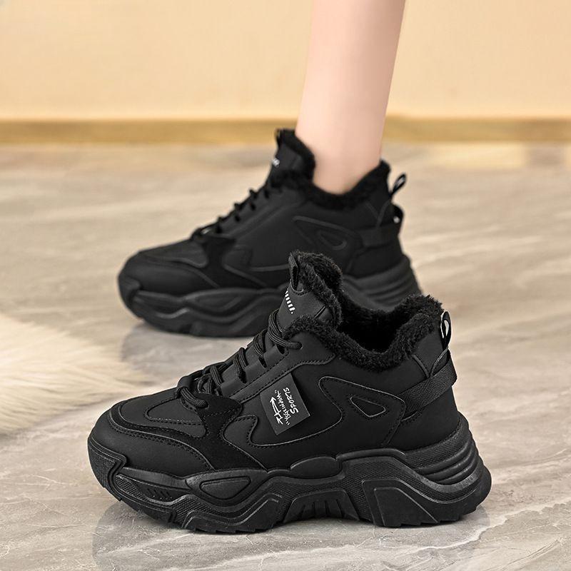 Winter Damen Enganliegende Sportschuhe mit dicker Sohle und hohem Schaft mit Wollfutter, Warme und höhenerhöhende Sportschuhe für Damen im koreanischen Stil