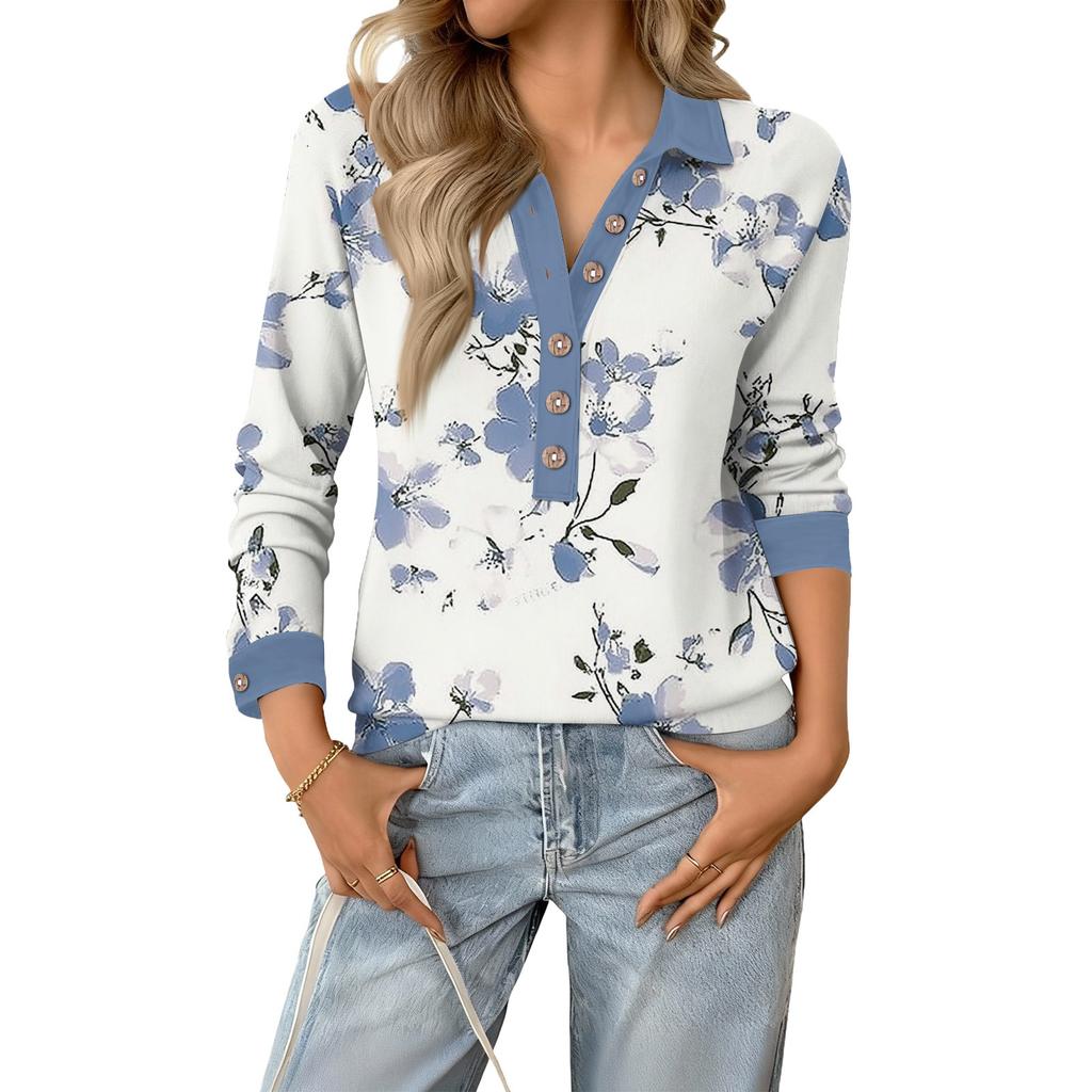 Women's Retro Street Lazy V,neck Long Sleeve Button Floral Print Pullover Top