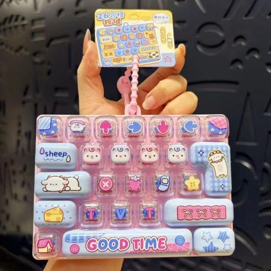 Interactive Keychain Accessory 26-Key Keyboard Fidget Toy, Cute Cartoon Clicky Clicker Toy with Portable Tool Keychain, Backpack Charm Pendant